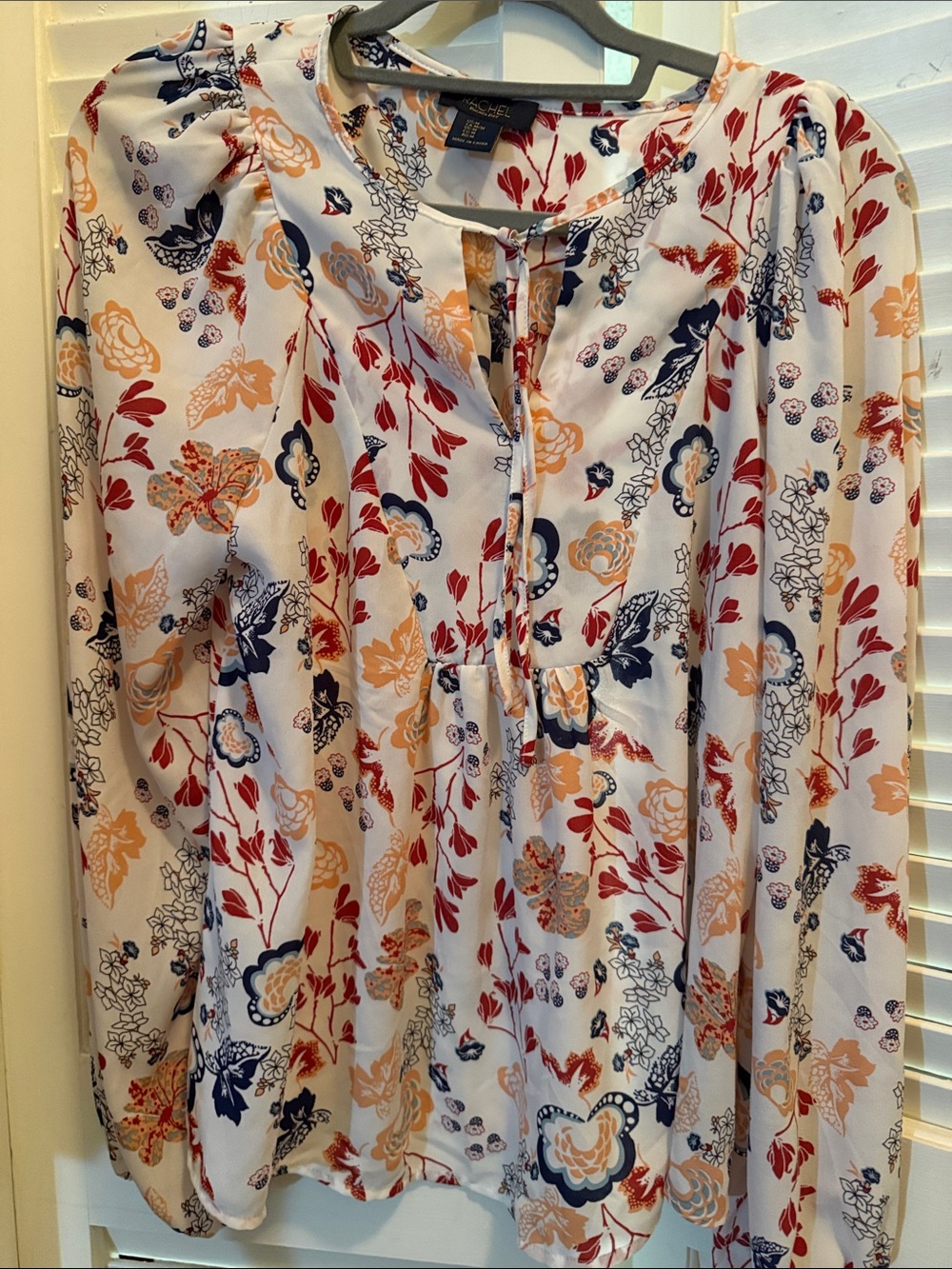 RACHEL Rachel Roy White Floral Peasant Blouse with Red, Navy & Peach